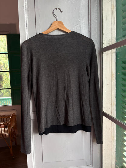 Massimo Dutti Modal Wool Layered Top Size S | Dark Grey Long-Sleeve Shirt with Black Tank | Minimalist Button Top