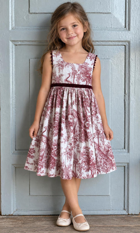 Vintage Girls Toile Dress, Cotton Party Dress, Burgundy Velvet Trim, Cottagecore Flower Girl Dress, Birthday Dress, Age 5/6 Year old