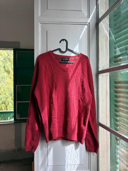 Pedro del Hierro Geelong Lambswool Jumper, Vintage Burgundy V Neck Sweater, Men's Pure Wool Knit, Quiet Luxury, Made in Spain