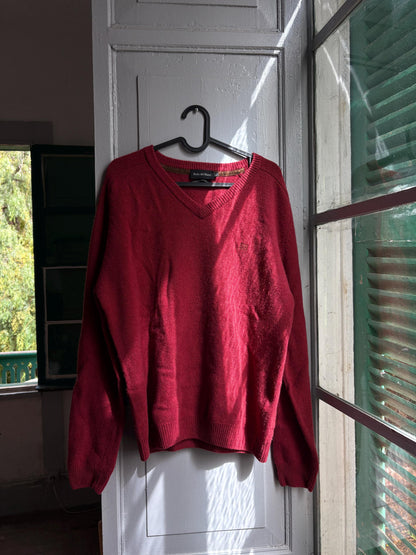 Pedro del Hierro Geelong Lambswool Jumper, Vintage Burgundy V Neck Sweater, Men's Pure Wool Knit, Quiet Luxury, Made in Spain