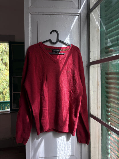 Pedro del Hierro Geelong Lambswool Jumper, Vintage Burgundy V Neck Sweater, Men's Pure Wool Knit, Quiet Luxury, Made in Spain