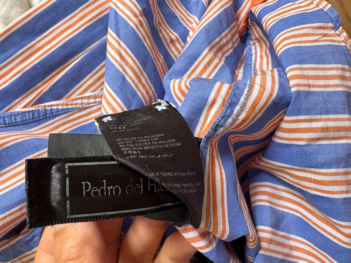 Pedro del Hierro Linen Cotton Shirt, Men's Striped Button Up, Blue Orange Summer Shirt, Quiet Luxury, Casual Smart Shirt