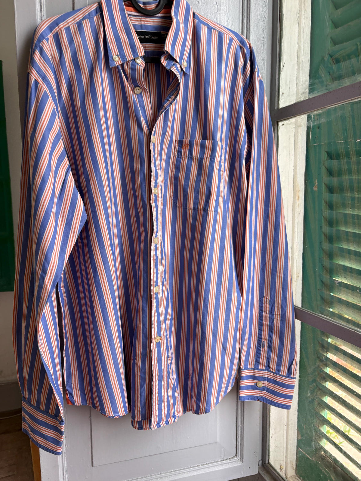 Men's Striped Linen Cotton Shirt, Blue Orange — additional view 5