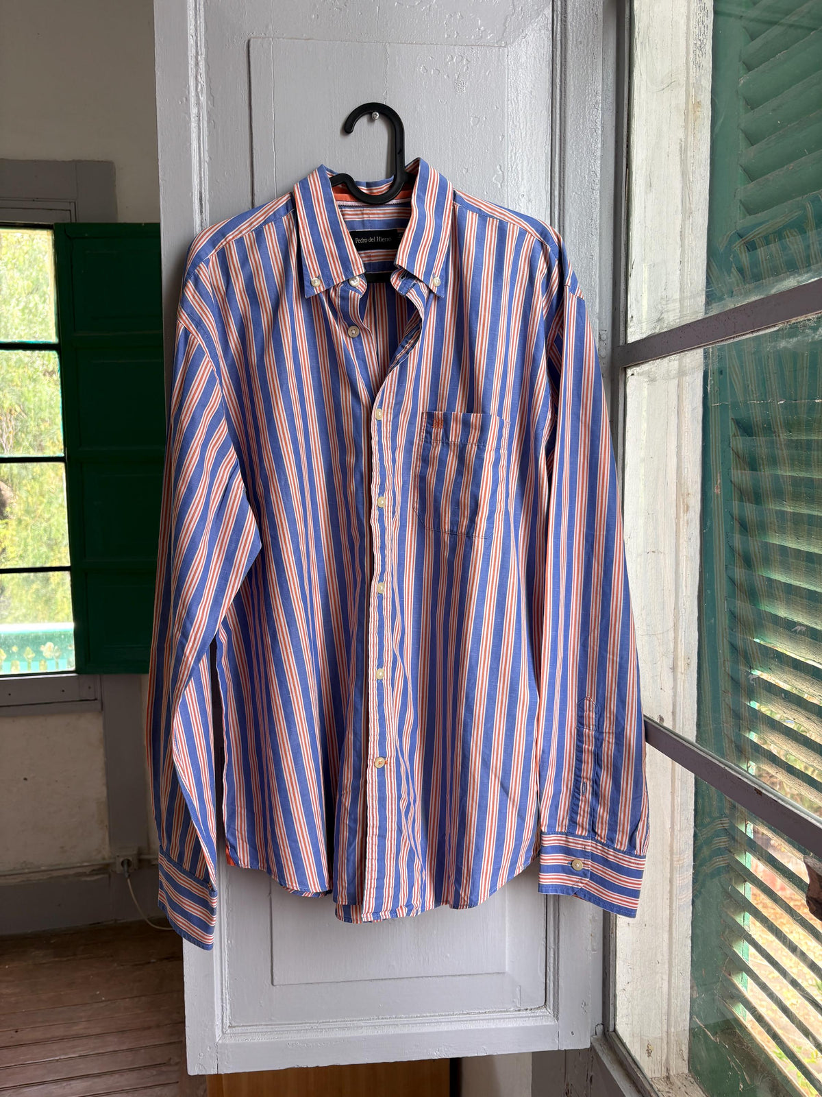 Pedro del Hierro Linen Cotton Shirt, Men's Striped Button Up, Blue Orange Summer Shirt, Quiet Luxury, Casual Smart Shirt