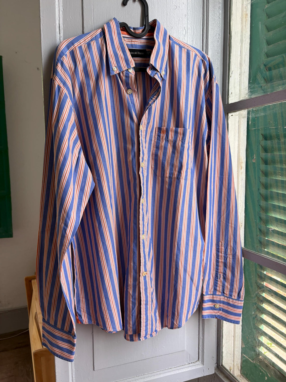 Men's Striped Linen Cotton Shirt, Blue Orange — fabric close-up
