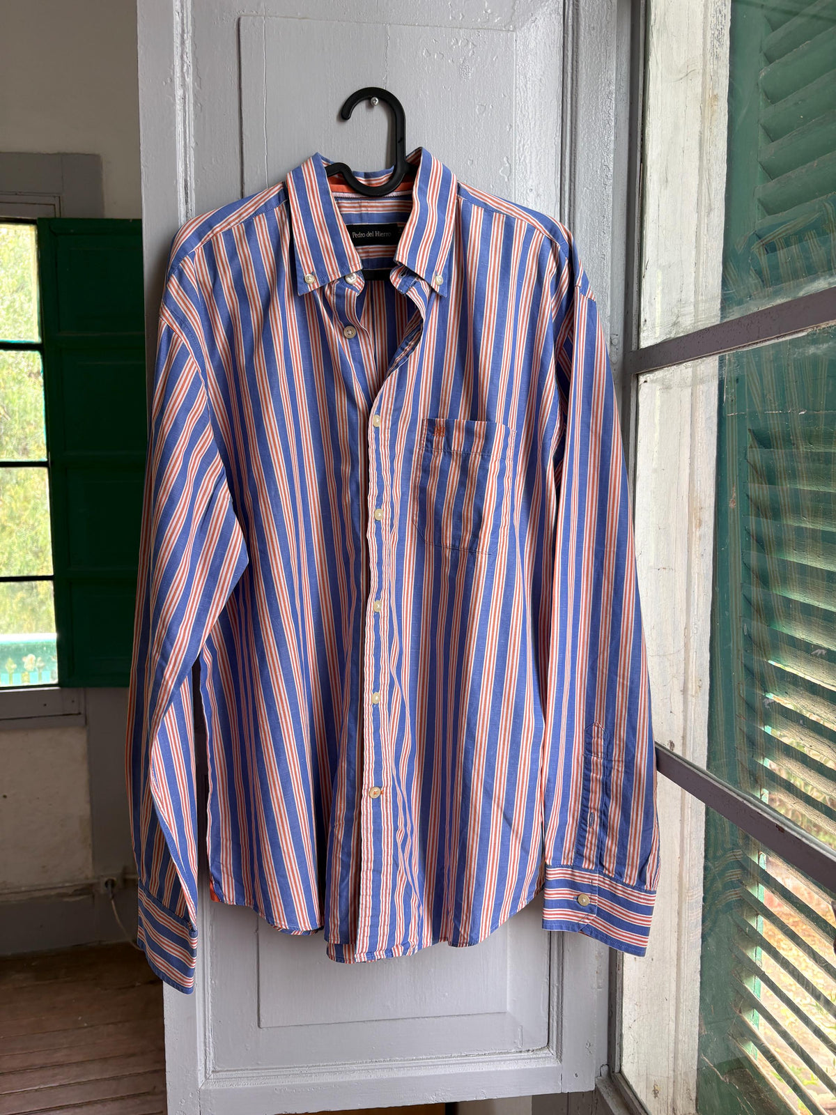 Men's Striped Linen Cotton Shirt, Blue Orange — detail