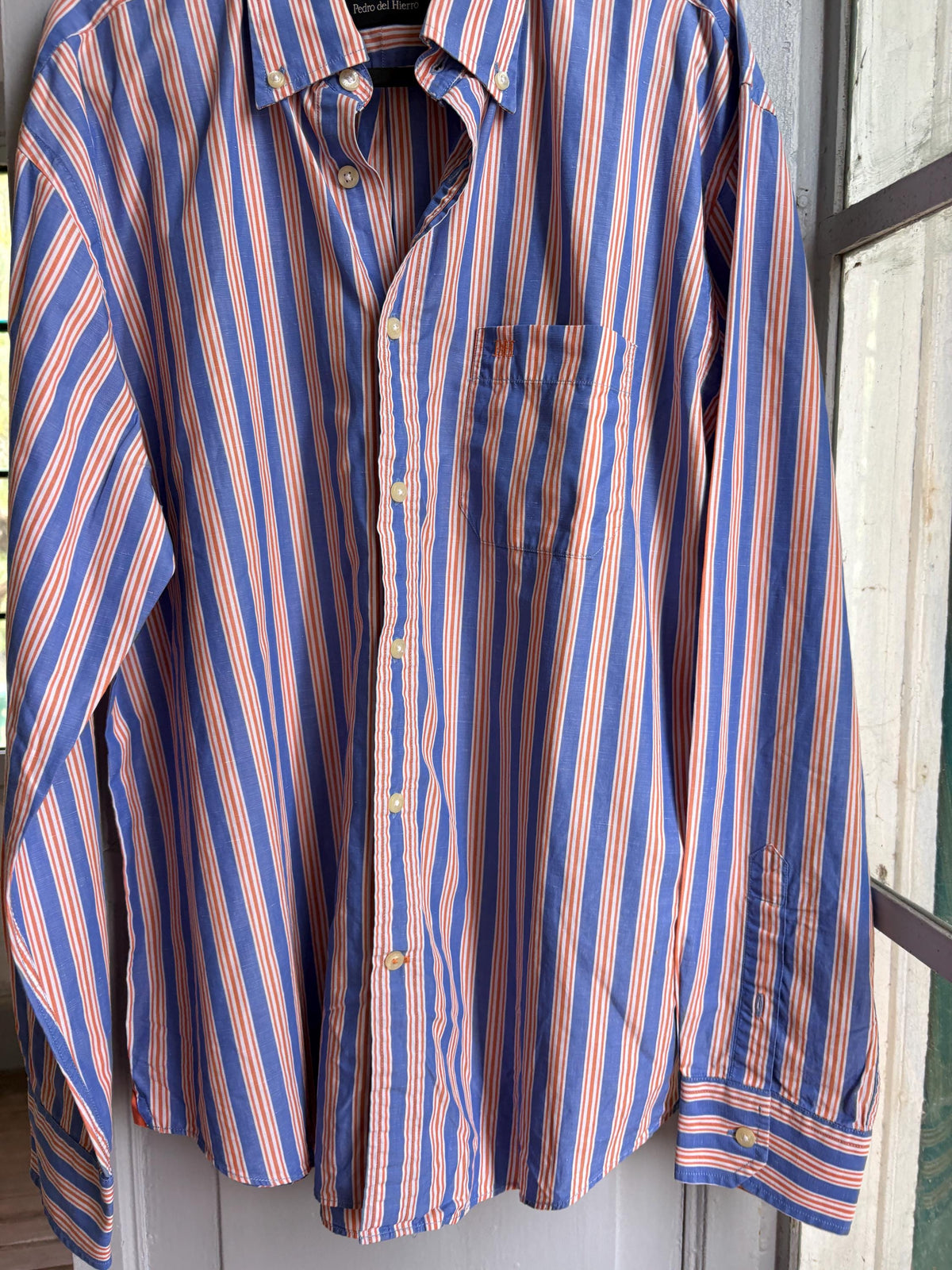 Men's Striped Linen Cotton Shirt, Blue Orange — additional view 6