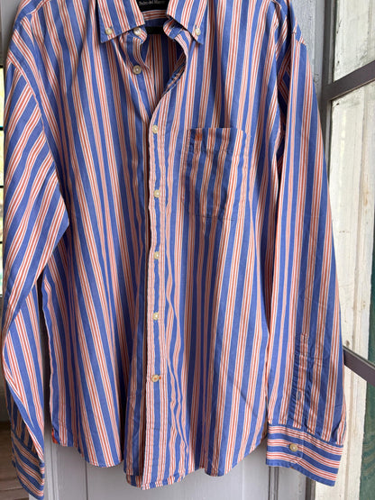 Men's Striped Linen Cotton Shirt, Blue Orange — additional view 6