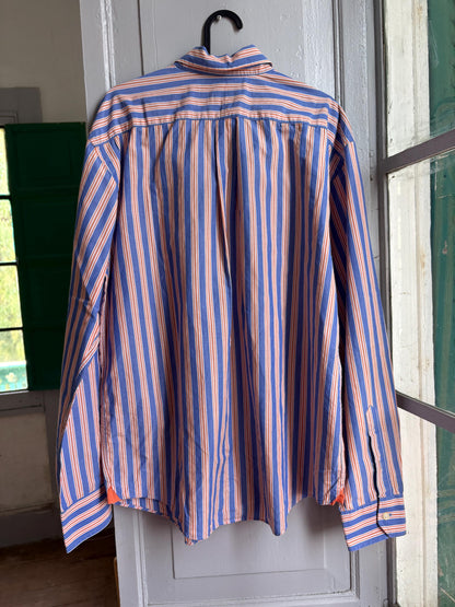 Pedro del Hierro Linen Cotton Shirt, Men's Striped Button Up, Blue Orange Summer Shirt, Quiet Luxury, Casual Smart Shirt