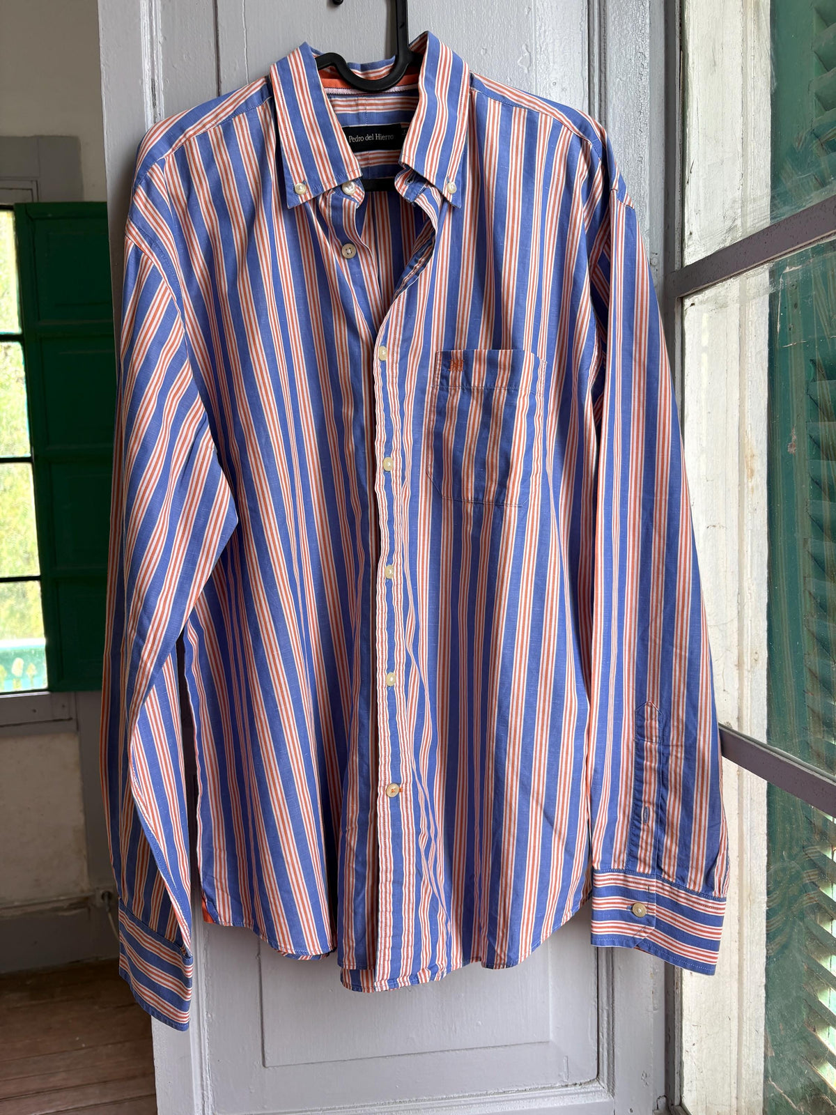Men's Striped Linen Cotton Shirt, Blue Orange — additional view 12