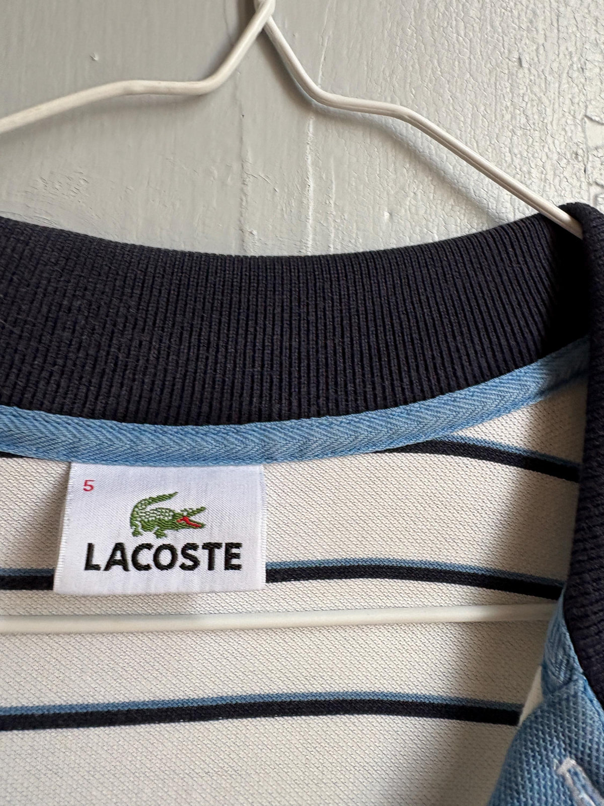 Lacoste Striped Polo Shirt, Men's White Blue Cotton Polo, French Designer, Classic Preppy Golf Shirt, Size 5