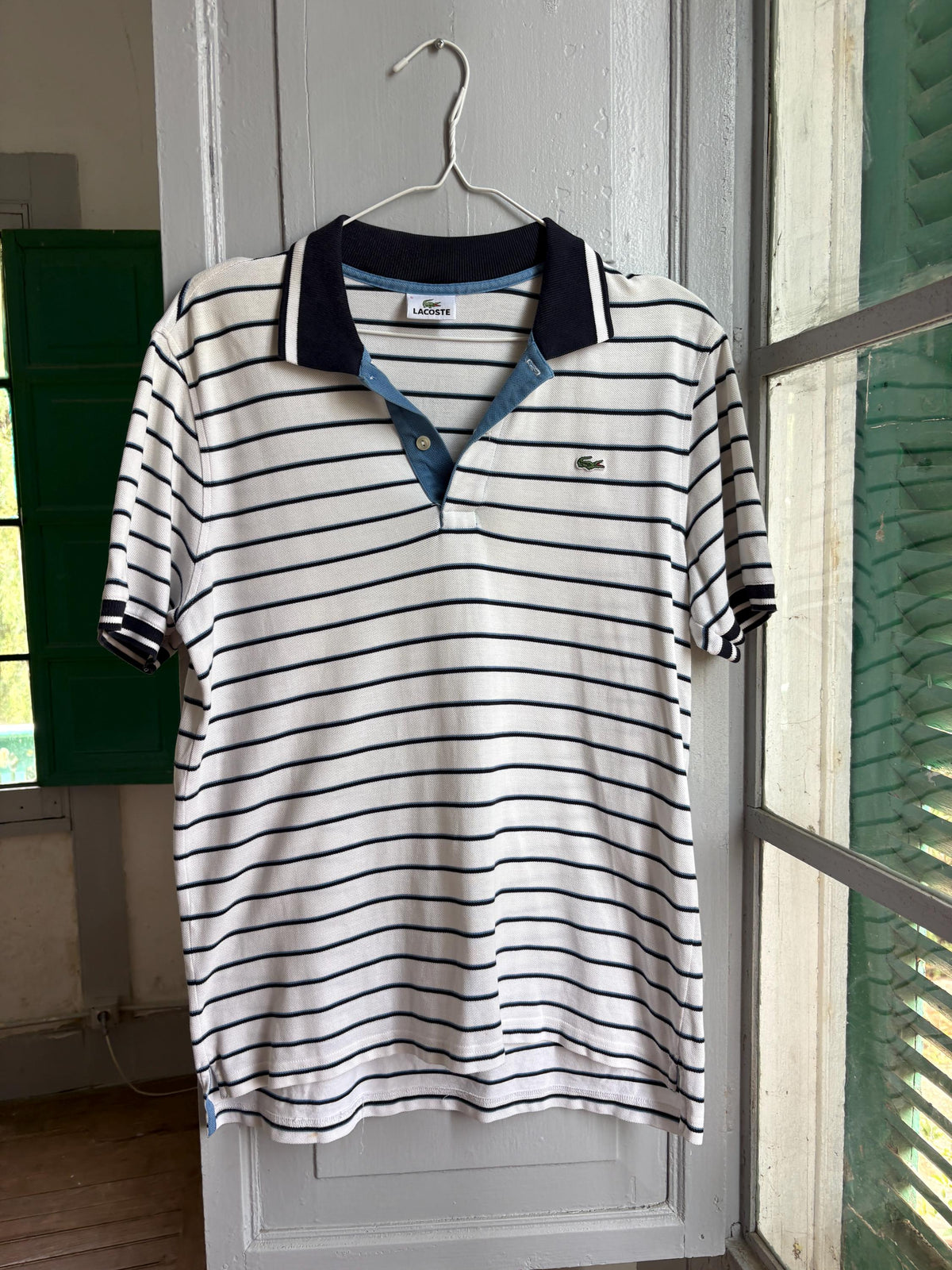 Lacoste Striped Polo Shirt, Men's White Blue Cotton Polo, French Designer, Classic Preppy Golf Shirt, Size 5