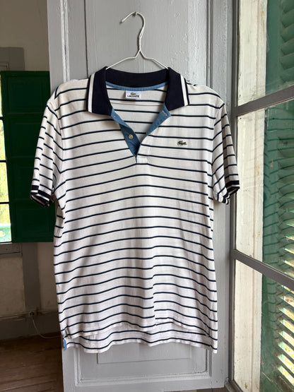 Lacoste Striped Polo Shirt, Men's White Blue Cotton Polo, French Designer, Classic Preppy Golf Shirt, Size 5