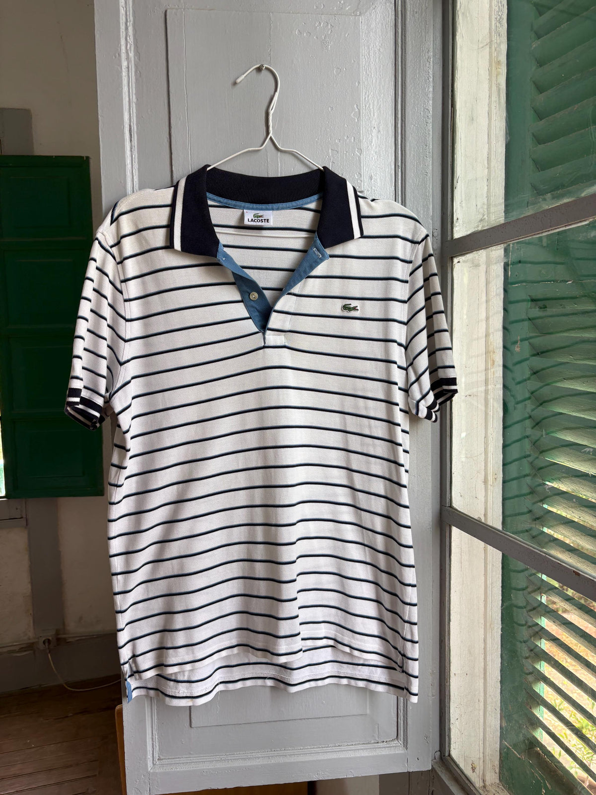 Lacoste Striped Polo Shirt, Men's White Blue Cotton Polo, French Designer, Classic Preppy Golf Shirt, Size 5