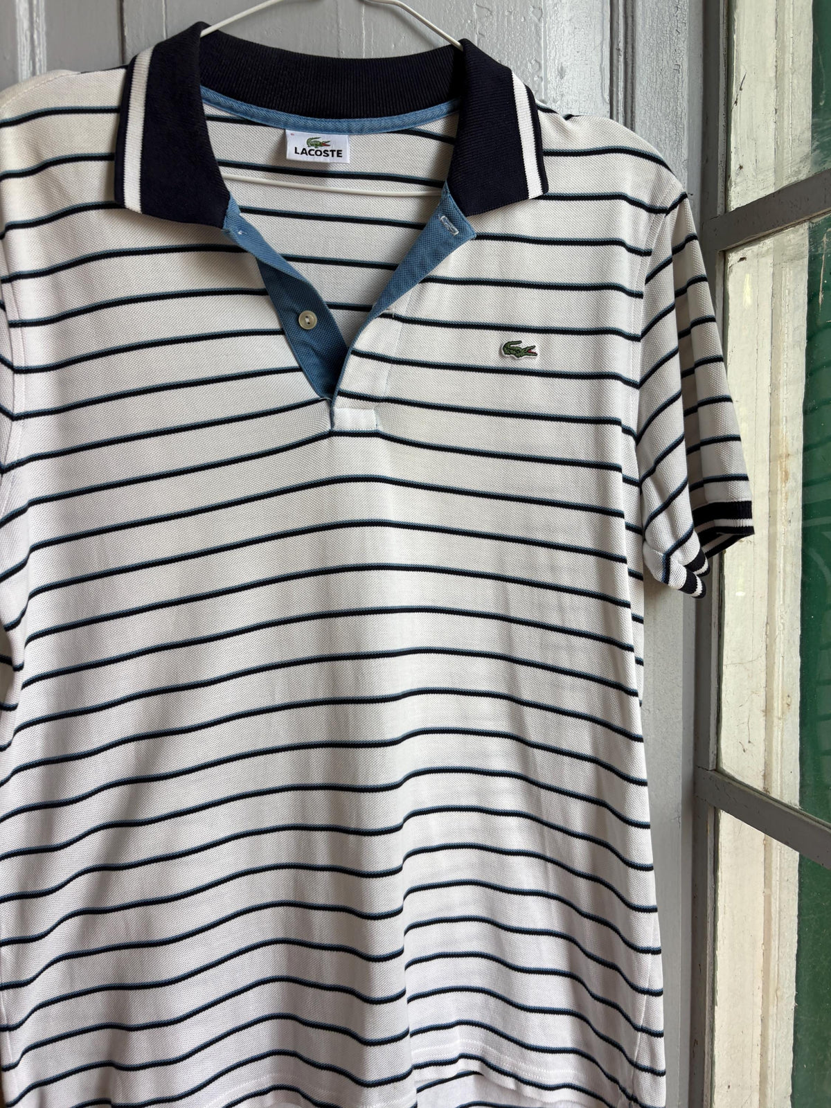 Lacoste Striped Polo Shirt, Men's White Blue Cotton Polo, French Designer, Classic Preppy Golf Shirt, Size 5
