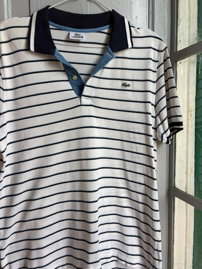 Lacoste Striped Polo Shirt, Men's White Blue Cotton Polo, French Designer, Classic Preppy Golf Shirt, Size 5