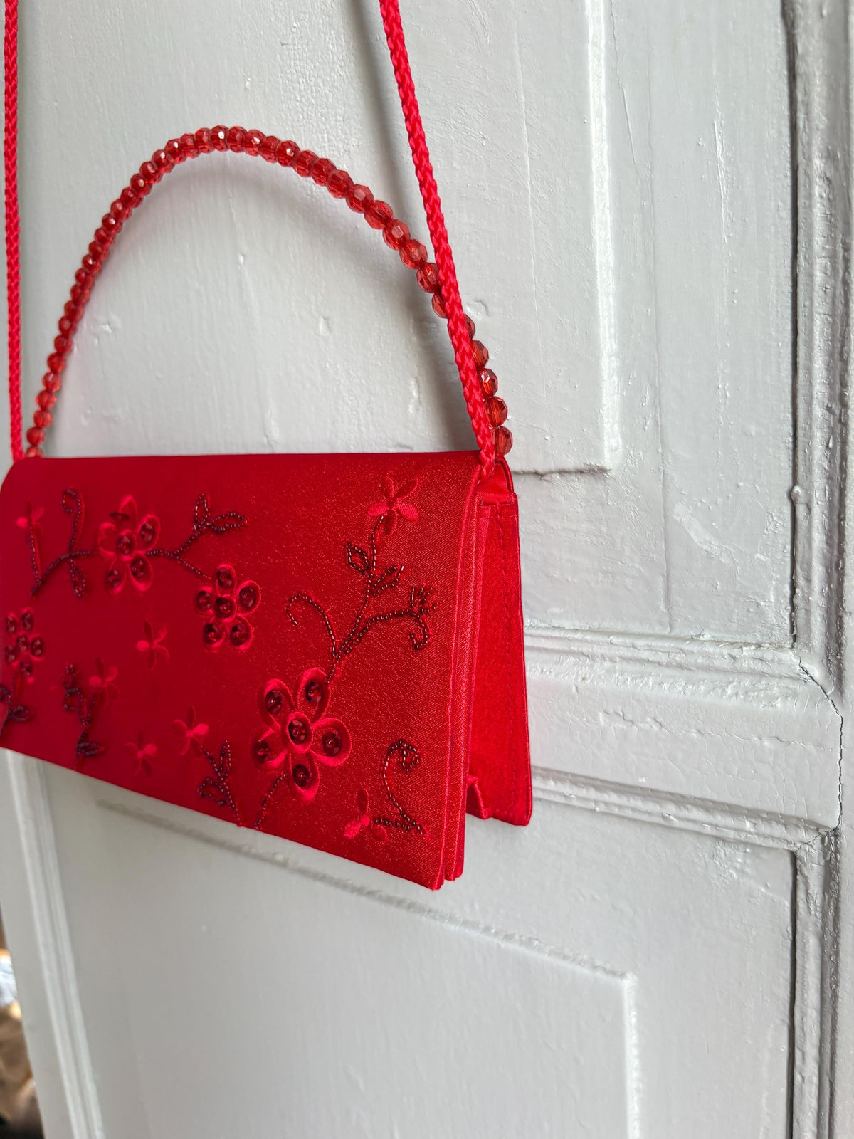 Vintage Red Satin Beaded Evening Bag, Floral Embroidered Clutch Purse, Y2K Crossbody Handbag, Prom Wedding Party Bag