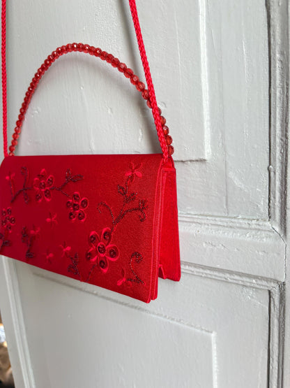 Vintage Red Satin Beaded Evening Bag, Floral Embroidered Clutch Purse, Y2K Crossbody Handbag, Prom Wedding Party Bag