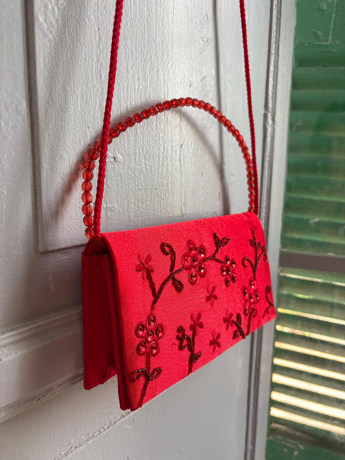 Vintage Red Satin Beaded Evening Bag, Floral Embroidered Clutch Purse, Y2K Crossbody Handbag, Prom Wedding Party Bag