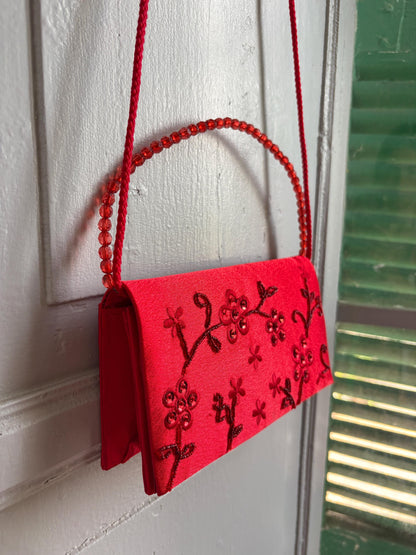 Vintage Red Satin Beaded Evening Bag, Floral Embroidered Clutch Purse, Y2K Crossbody Handbag, Prom Wedding Party Bag