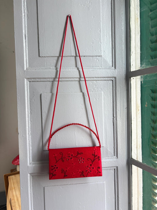 Vintage Red Satin Beaded Evening Bag, Floral Embroidered Clutch Purse, Y2K Crossbody Handbag, Prom Wedding Party Bag