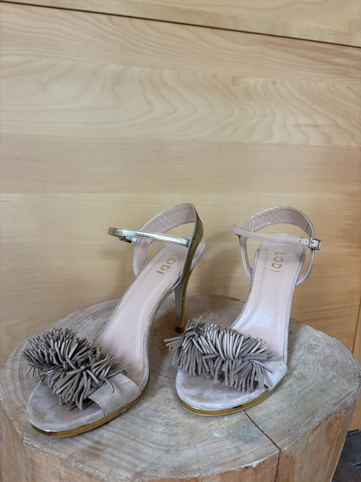 Lodi Suede Stiletto Sandals EU 41, Taupe Designer Heels, Ankle Strap High Heels, Made in Spain