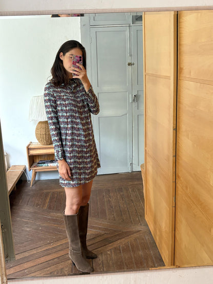 Laga 100% Silk Dress, Printed Silk Mini Dress, Luxury Secondhand Dress, Romantic Collar, Women's Size S