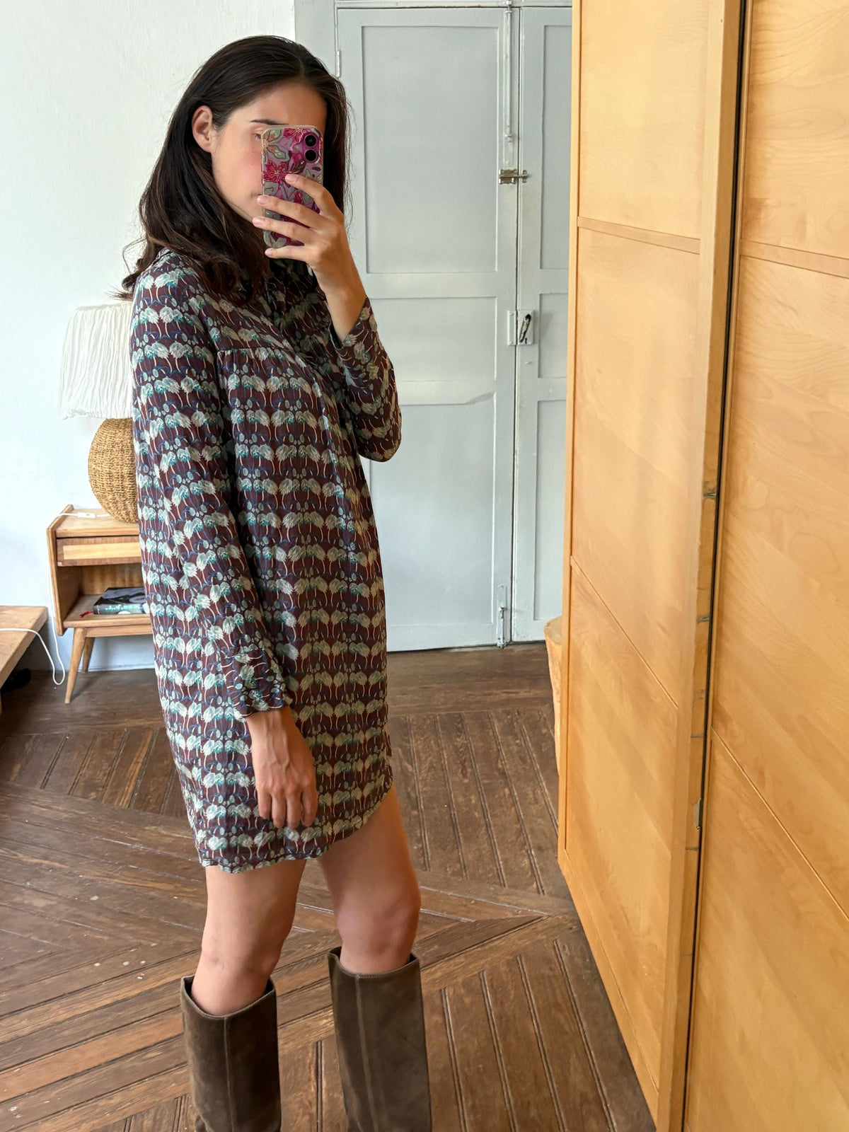 Laga 100% Silk Dress, Printed Silk Mini Dress, Luxury Secondhand Dress, Romantic Collar, Women's Size S