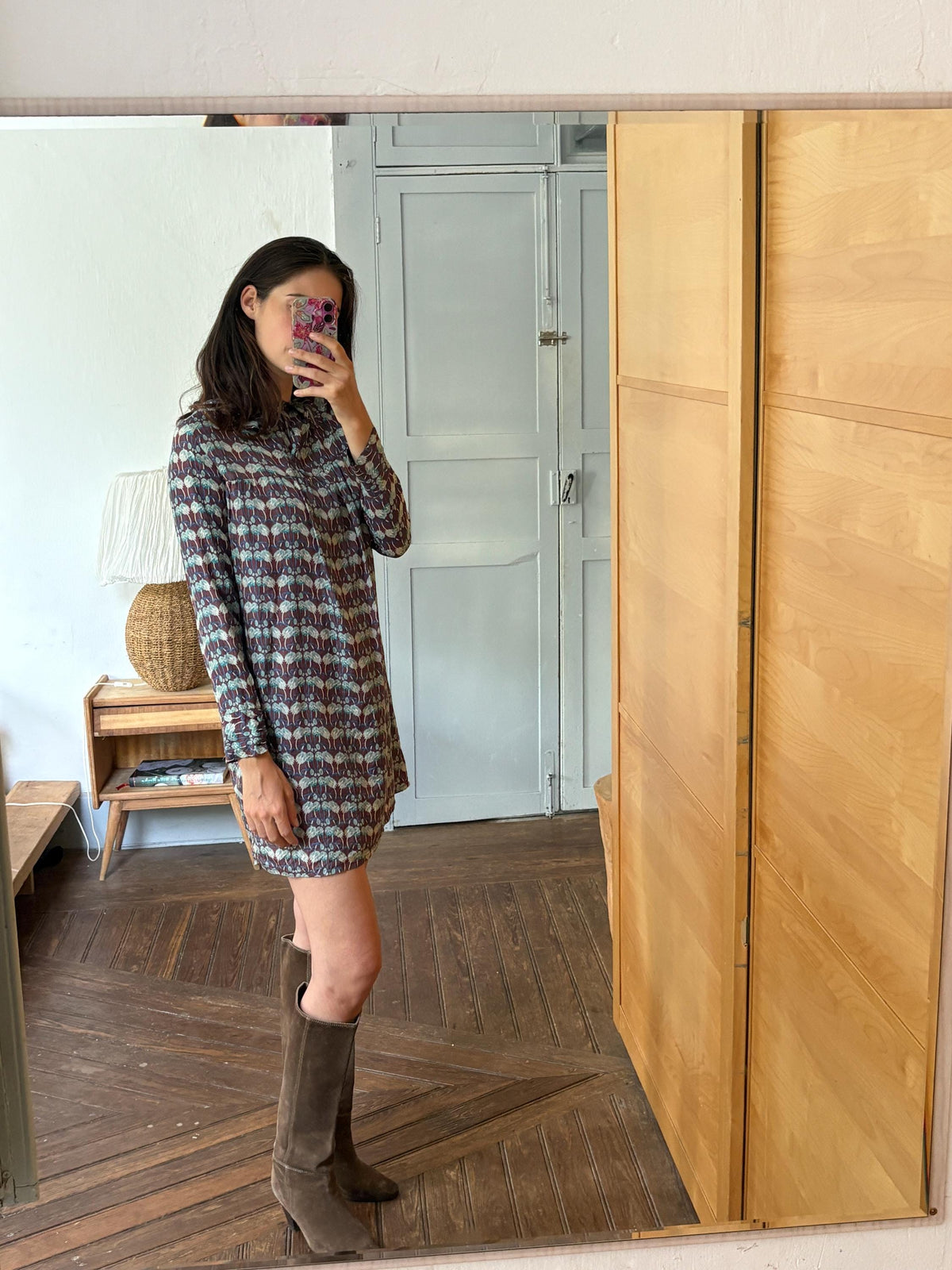 Laga 100% Silk Dress, Printed Silk Mini Dress, Luxury Secondhand Dress, Romantic Collar, Women's Size S