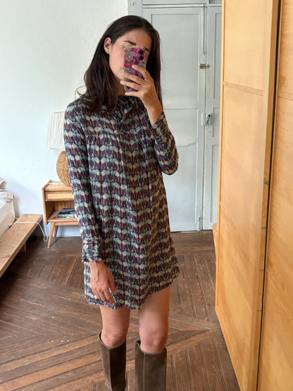 Laga 100% Silk Dress, Printed Silk Mini Dress, Luxury Secondhand Dress, Romantic Collar, Women's Size S