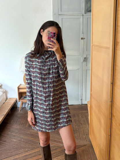 Laga 100% Silk Dress, Printed Silk Mini Dress, Luxury Secondhand Dress, Romantic Collar, Women's Size S
