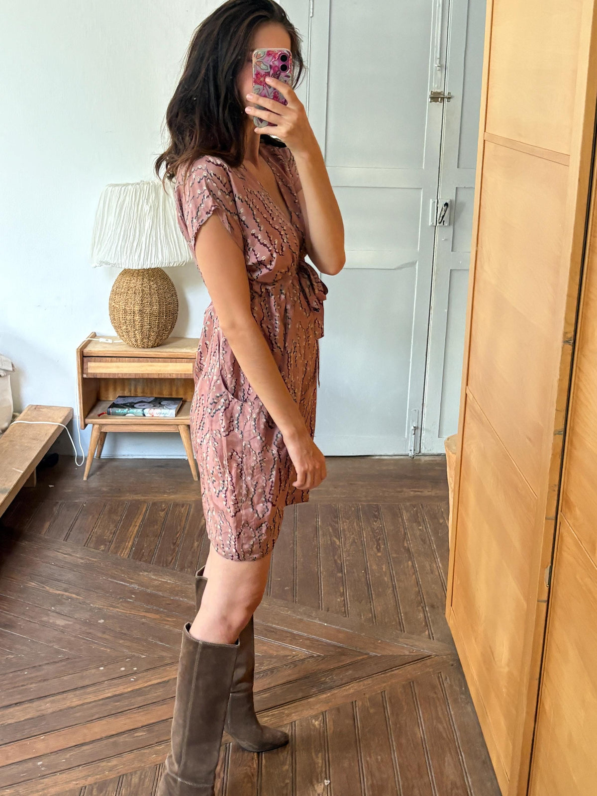 Laga 100% Silk Dress, Luxury Silk Mini Dress, Dusty Rose Print Dress, Made in India, Women's XS