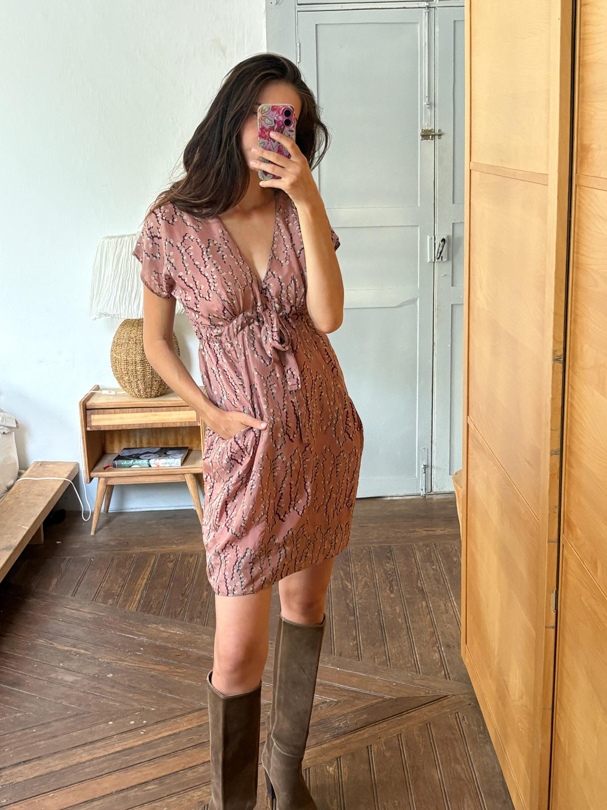Laga 100% Silk Dress, Luxury Silk Mini Dress, Dusty Rose Print Dress, Made in India, Women's XS