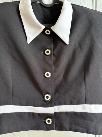 Vintage Cropped Mod Blouse, Black & White Retro Top, Padded Shoulders, Cropped Statement Blouse, Women's S