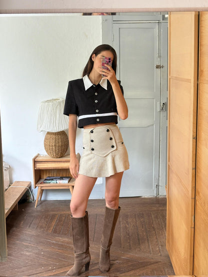 Vintage Cropped Mod Blouse, Black & White Retro Top, Padded Shoulders, Cropped Statement Blouse, Women's S
