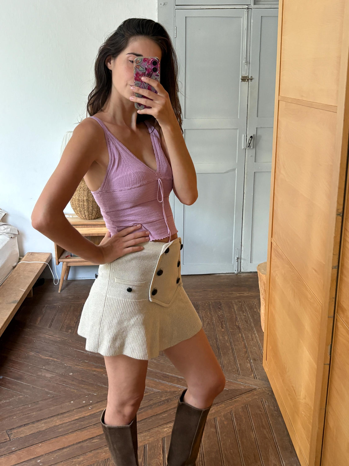 Y2K Knit Camisole Top, Pink Tie Front Tank, Boho Crochet Look Cami, Festival Summer Top, Women's XS