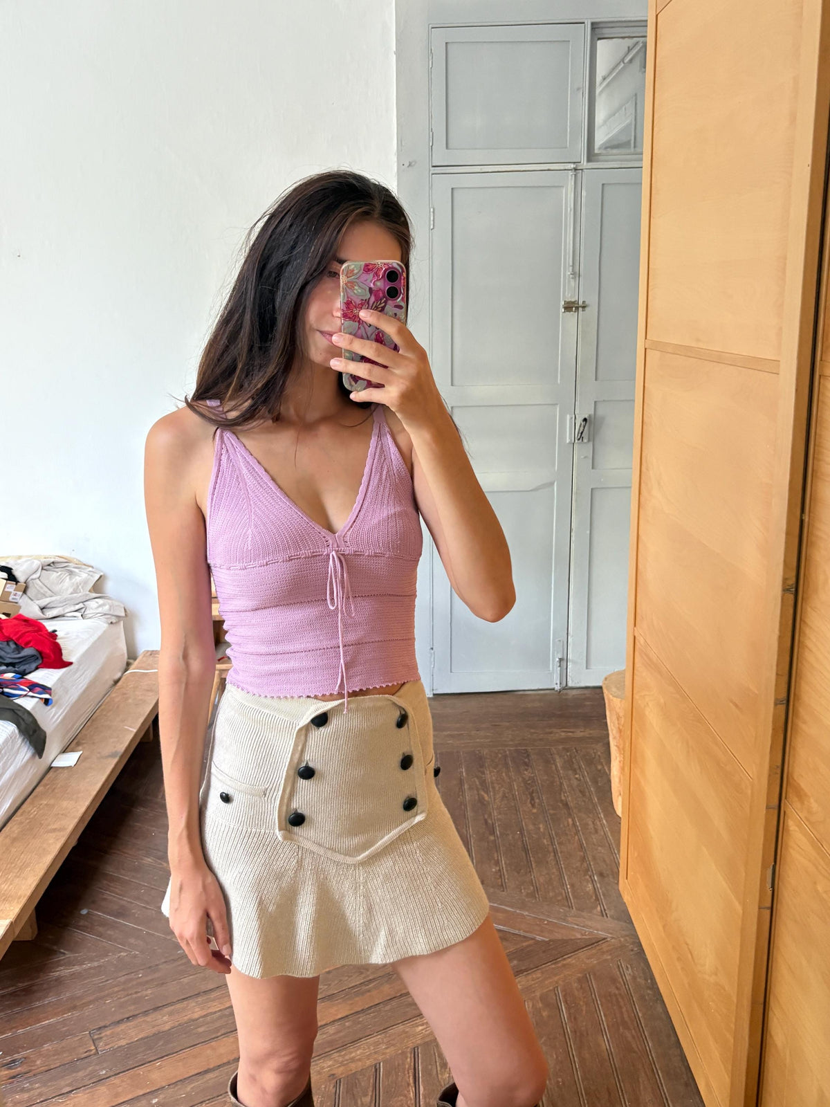Y2K Knit Camisole Top, Pink Tie Front Tank, Boho Crochet Look Cami, Festival Summer Top, Women's XS