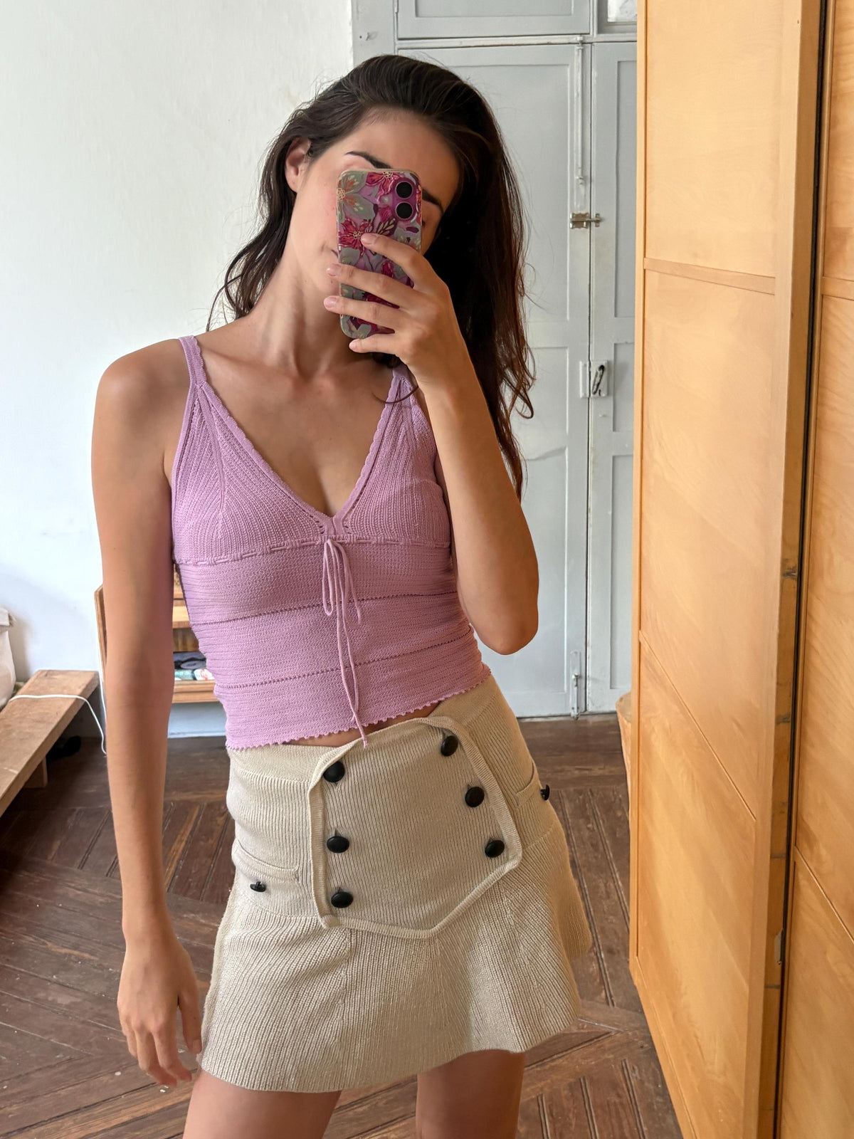 Y2K Knit Camisole Top, Pink Tie Front Tank, Boho Crochet Look Cami, Festival Summer Top, Women's XS