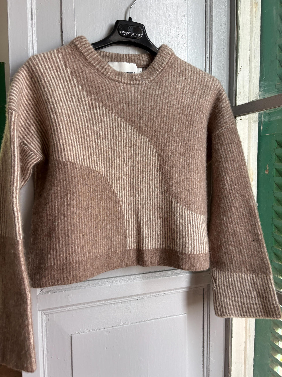 Armedangels Cropped Wool Blend Sweater, Neutral Colour Block Knit Jumper, Minimalist Women's XS - S