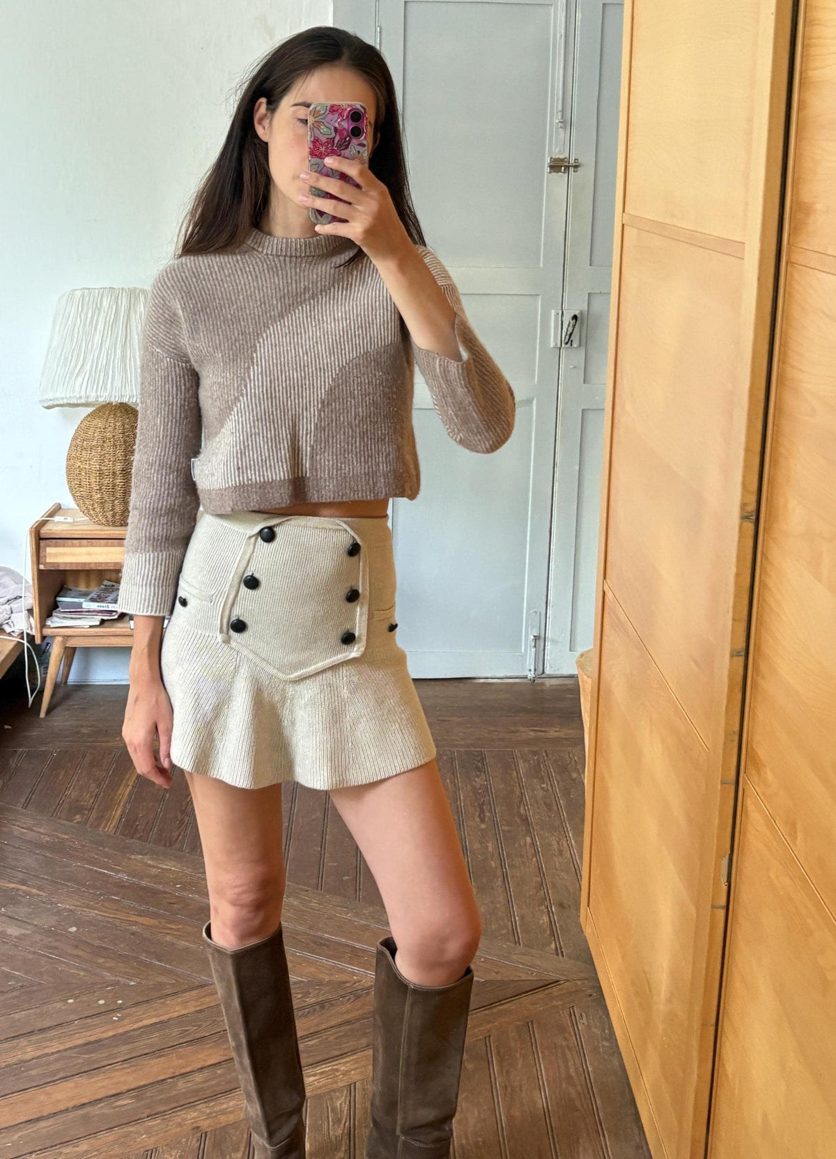 Armedangels Cropped Wool Blend Sweater, Neutral Colour Block Knit Jumper, Minimalist Women's XS - S