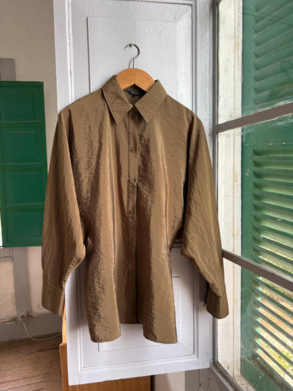 Massimo Dutti Women's Olive Green Blouse, Minimalist Long Sleeve Shirt, Luxe Draped Button Up, Size M