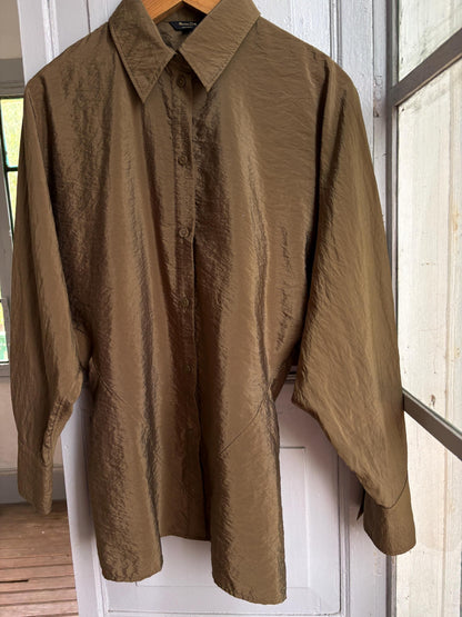 Massimo Dutti Women's Olive Green Blouse, Minimalist Long Sleeve Shirt, Luxe Draped Button Up, Size M