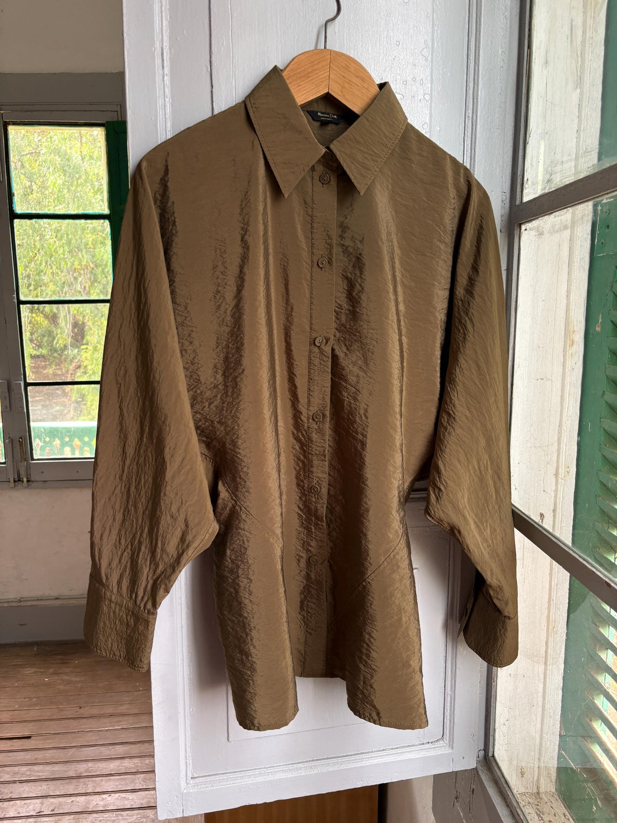 Massimo Dutti Women's Olive Green Blouse, Minimalist Long Sleeve Shirt, Luxe Draped Button Up, Size M