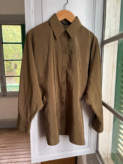 Massimo Dutti Women's Olive Green Blouse, Minimalist Long Sleeve Shirt, Luxe Draped Button Up, Size M