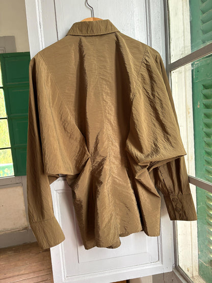 Massimo Dutti Women's Olive Green Blouse, Minimalist Long Sleeve Shirt, Luxe Draped Button Up, Size M