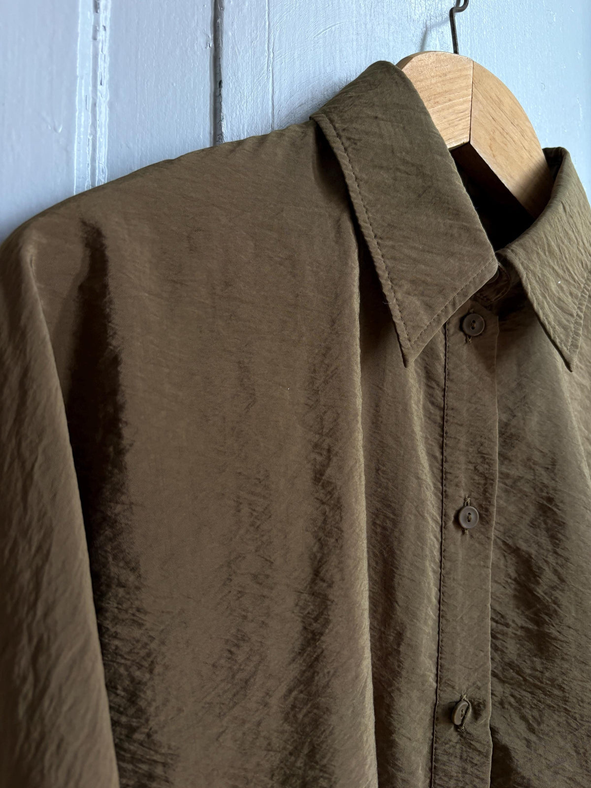 Massimo Dutti Women's Olive Green Blouse, Minimalist Long Sleeve Shirt, Luxe Draped Button Up, Size M