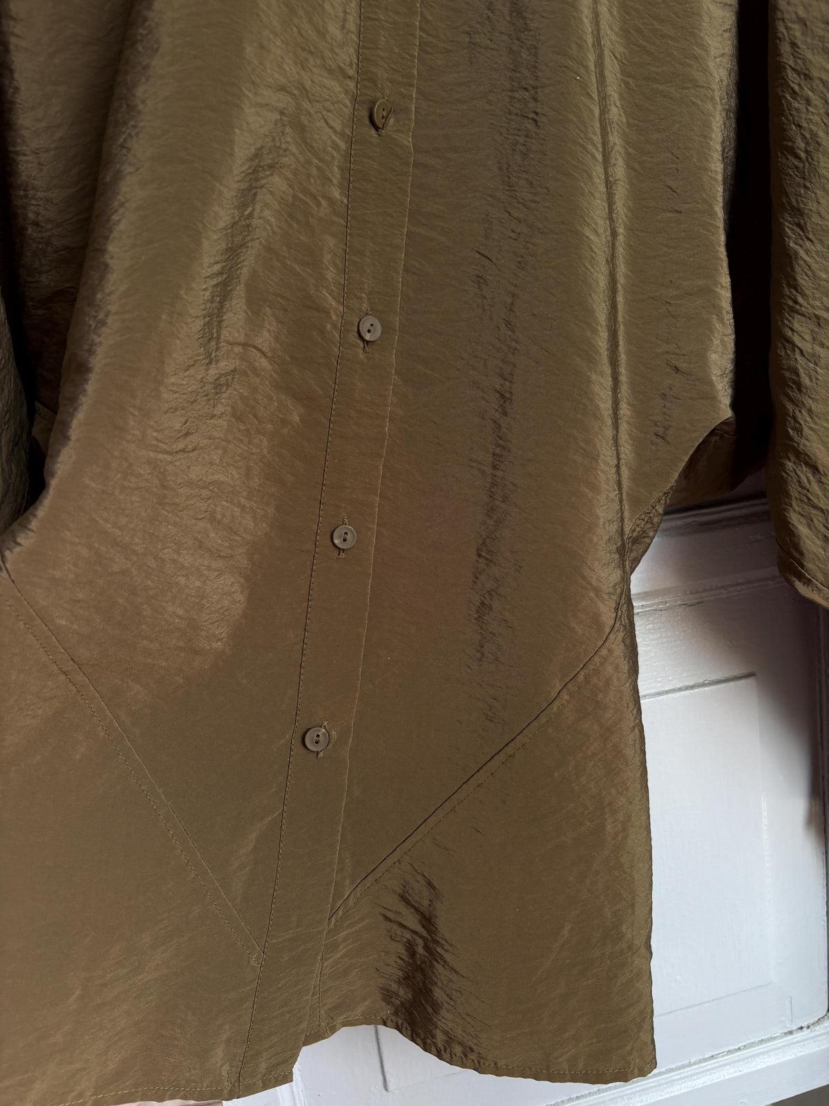 Massimo Dutti Women's Olive Green Blouse, Minimalist Long Sleeve Shirt, Luxe Draped Button Up, Size M
