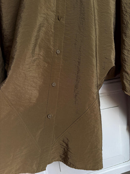 Massimo Dutti Women's Olive Green Blouse, Minimalist Long Sleeve Shirt, Luxe Draped Button Up, Size M