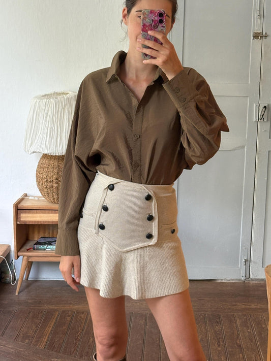 Massimo Dutti Women's Olive Green Blouse, Minimalist Long Sleeve Shirt, Luxe Draped Button Up, Size M