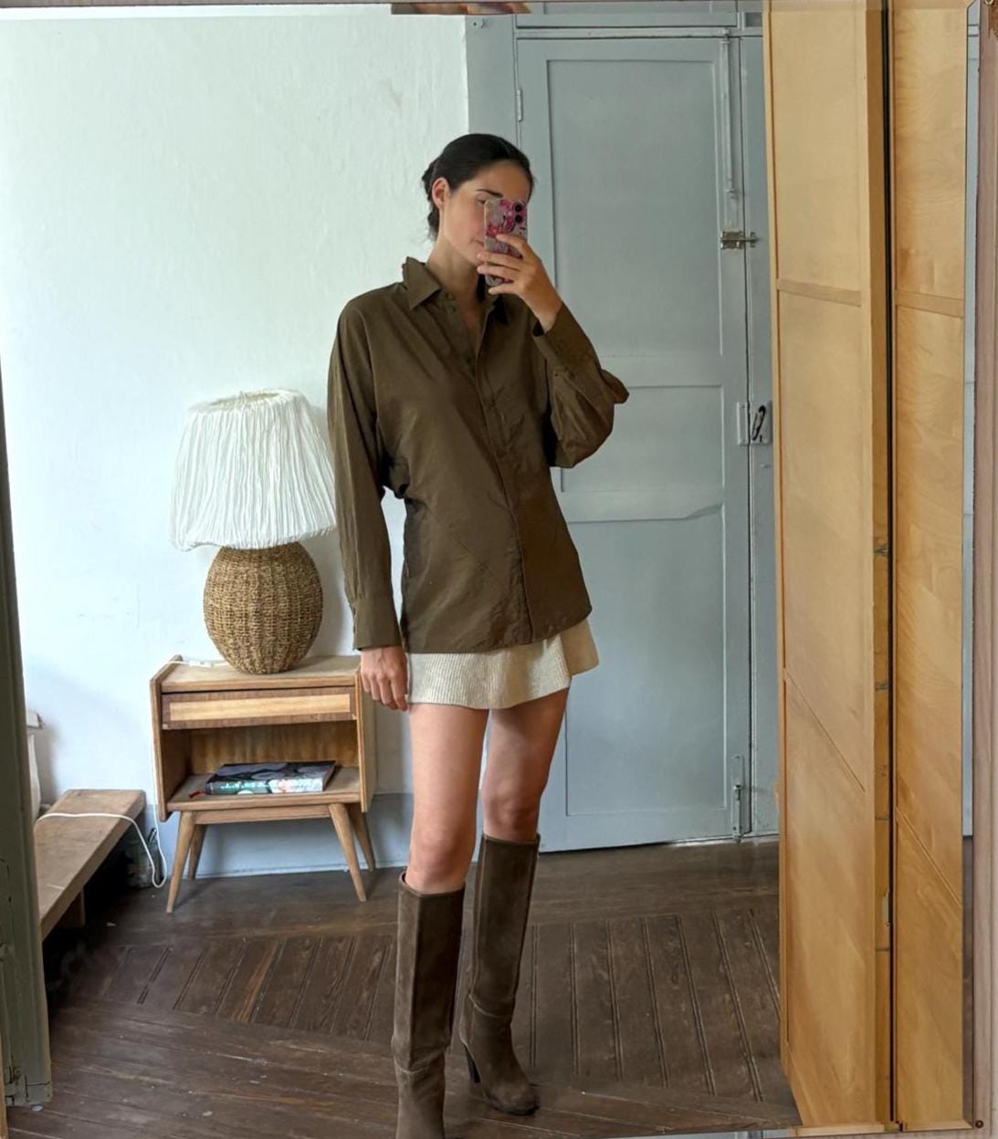 Massimo Dutti Women's Olive Green Blouse, Minimalist Long Sleeve Shirt, Luxe Draped Button Up, Size M